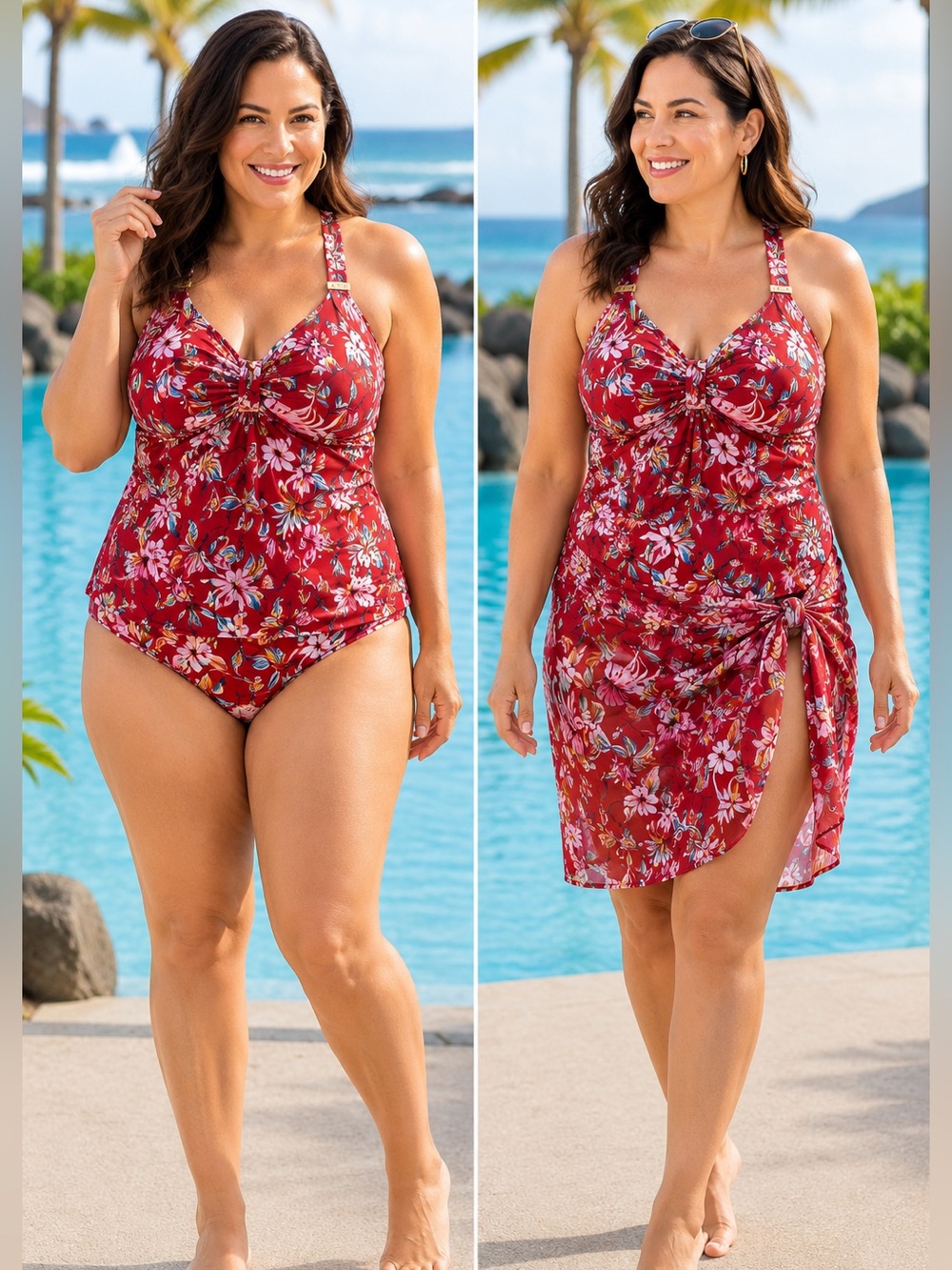 NWT Nicole Miller Studio Paradise Leaf Clay Tankini Set & Matching Sarong Large